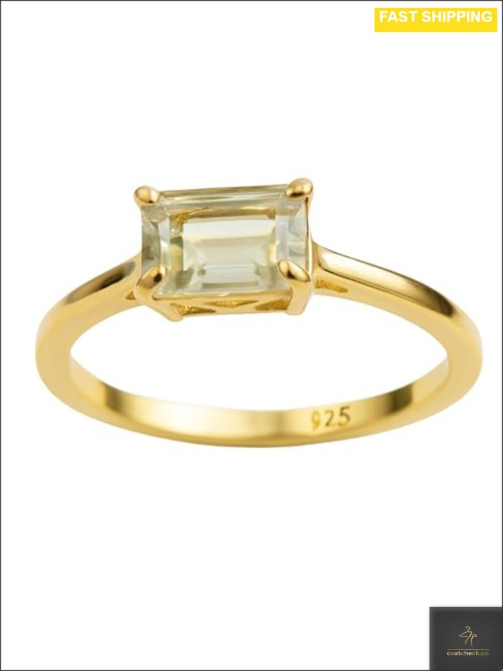 Green Amethyst Baguette Ring 925 Sterling Silver Gold Plated East-West